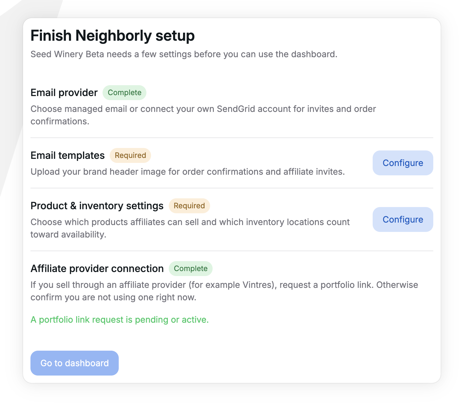 Yno Neighborly setup wizard page